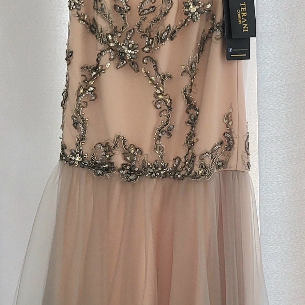 Terani Couture Cream and Gray Prom Dress with Intricate Embellishments - Picture 3 of 9